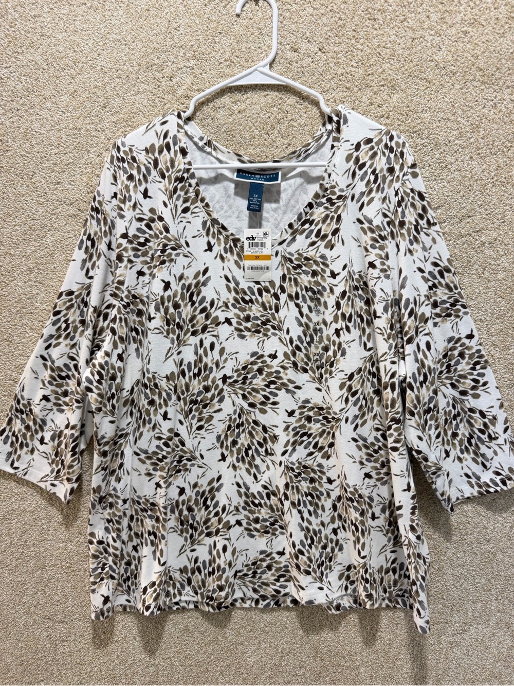 NWT 3X fall top brown white floral leave 3/4 sleeve cotton blend neutral FLAW